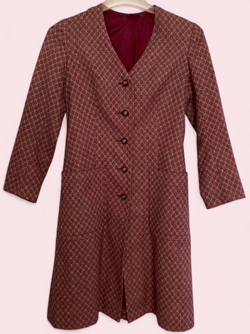 Vintage Mid Century Modern Burgundy Cream Geometric Tailored Coat Size Small